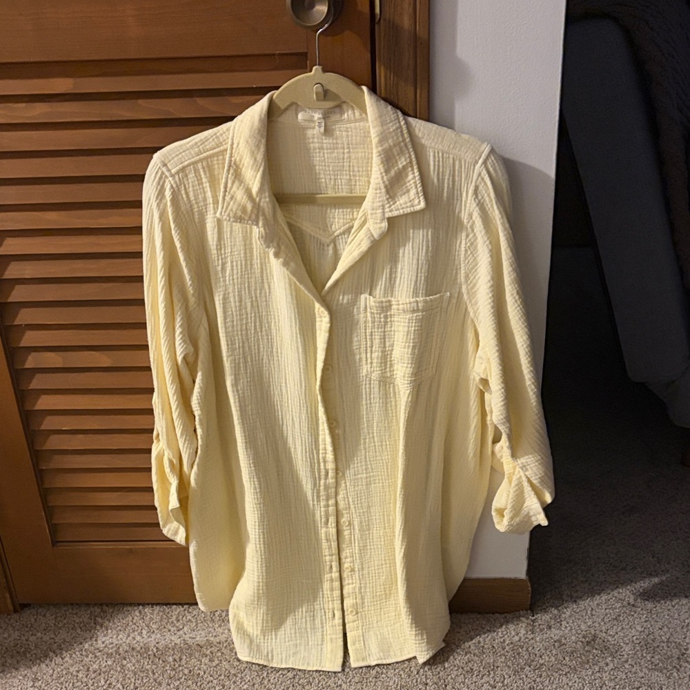Side Stitch Light Yellow Gauze Button-Up Blouse